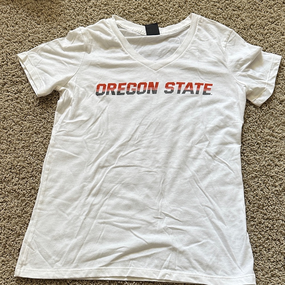 Oregon State White V-Neck Tee with Orange and Black Logo